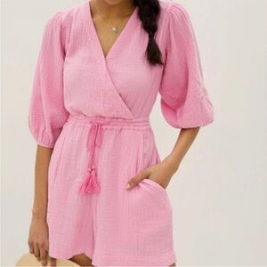 Anthropologie Cotton Gauzy Pink Cottagecore Cecilia Romper 3/4 Puff Sleeve - Med